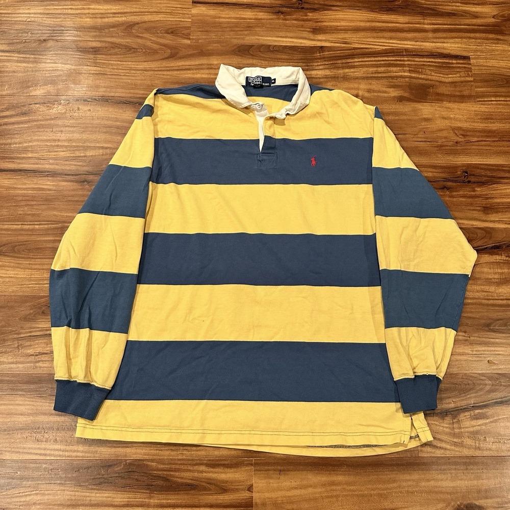 Polo By Ralph Lauren Polo Shirt Mens XL Blue Yellow Stripe Rugby Long Sleeve